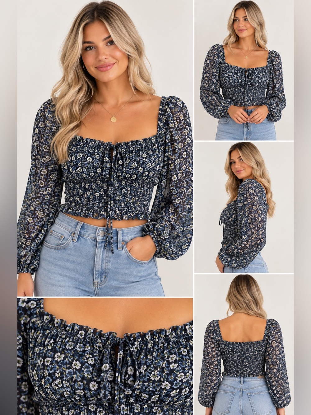 Aeropostale Floral Print Long Sleeve Square Neck Tie Front cropped top size XS
